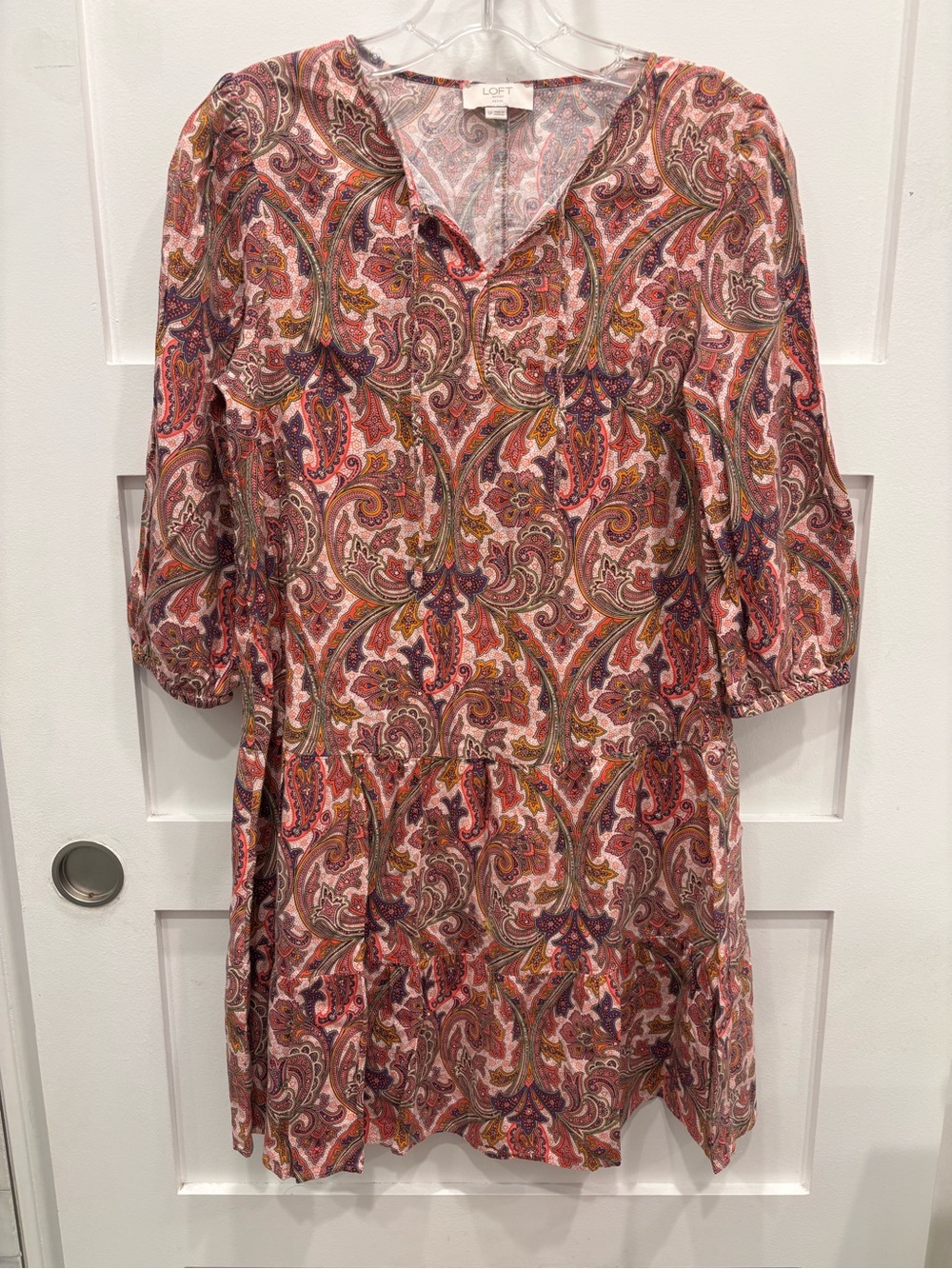 LOFT Pink Multicolored Paisley V-Neck 3/4 Sleeve Boho Dress Size SP